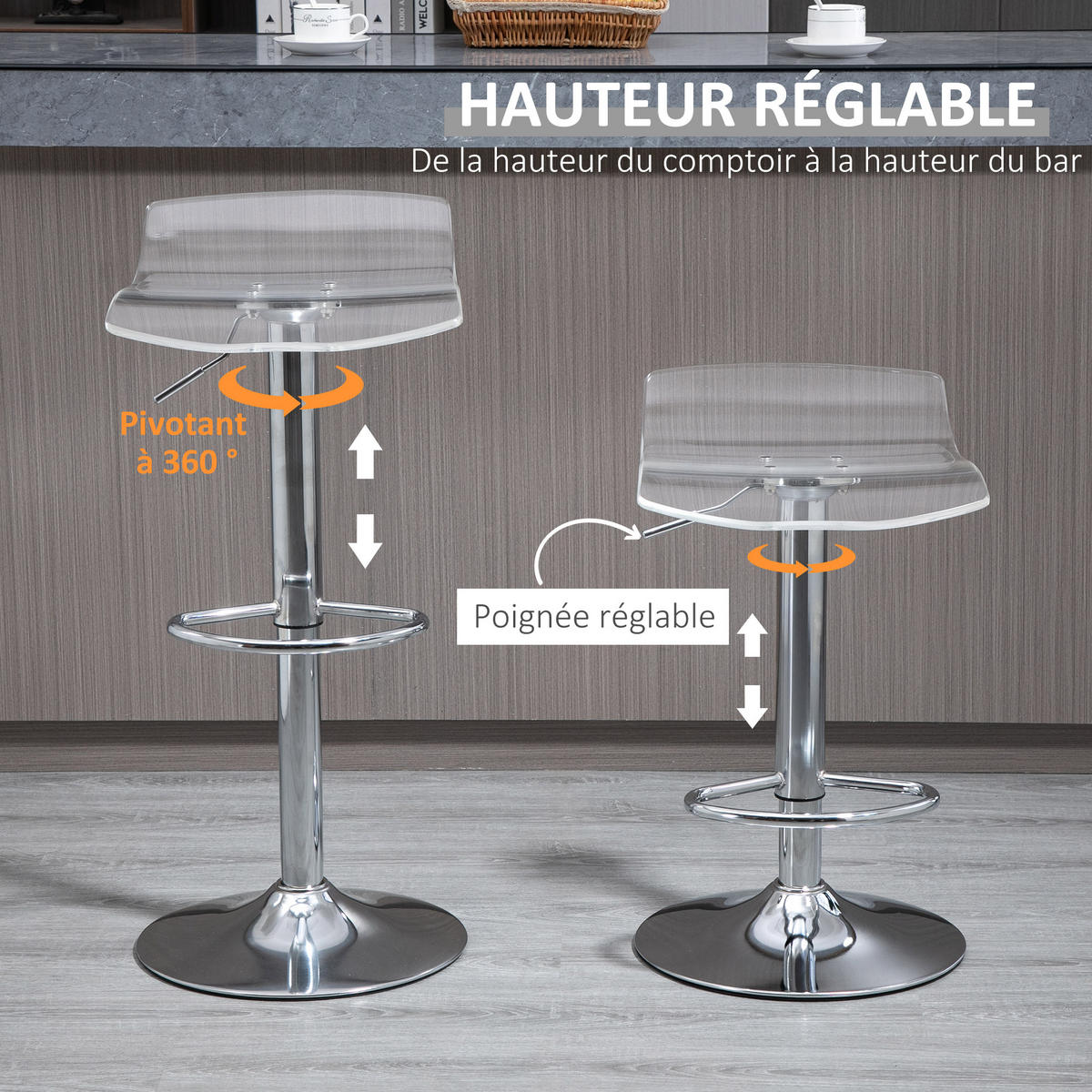 BARHOCKER 2er-Set DE-14697 höhenverstellbar mit Fußstütze Transparent - Transparent, Metall (39/87/39cm) - ComfortXL