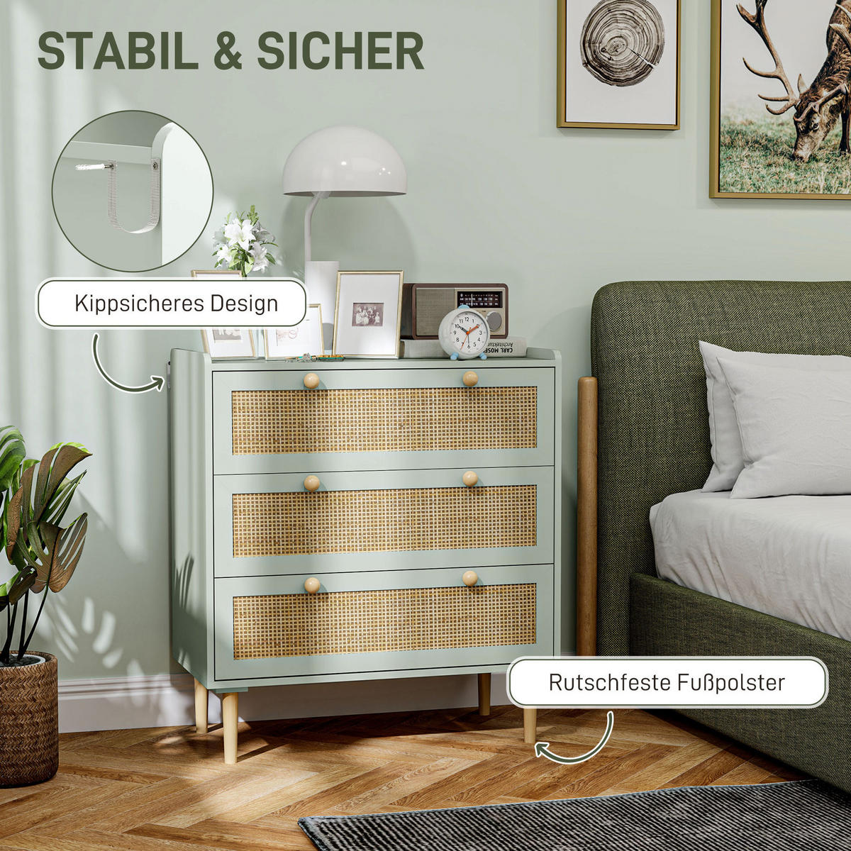KOMMODE aus Holzwerkstoff 80x40x87,5 cm Hellblau mit 3 Schubladen und Rattanoptik - Hellblau, Holzwerkstoff (80/87.5/40cm) - Modfu