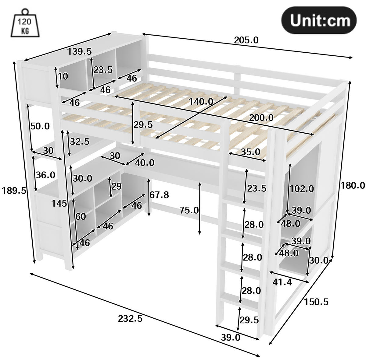 HOCHBETT 140/200 cm in Weiß – mit Schreibtisch, Regalen und Kleiderschrank - Weiß, Holz (140/200cm) - BEAOK