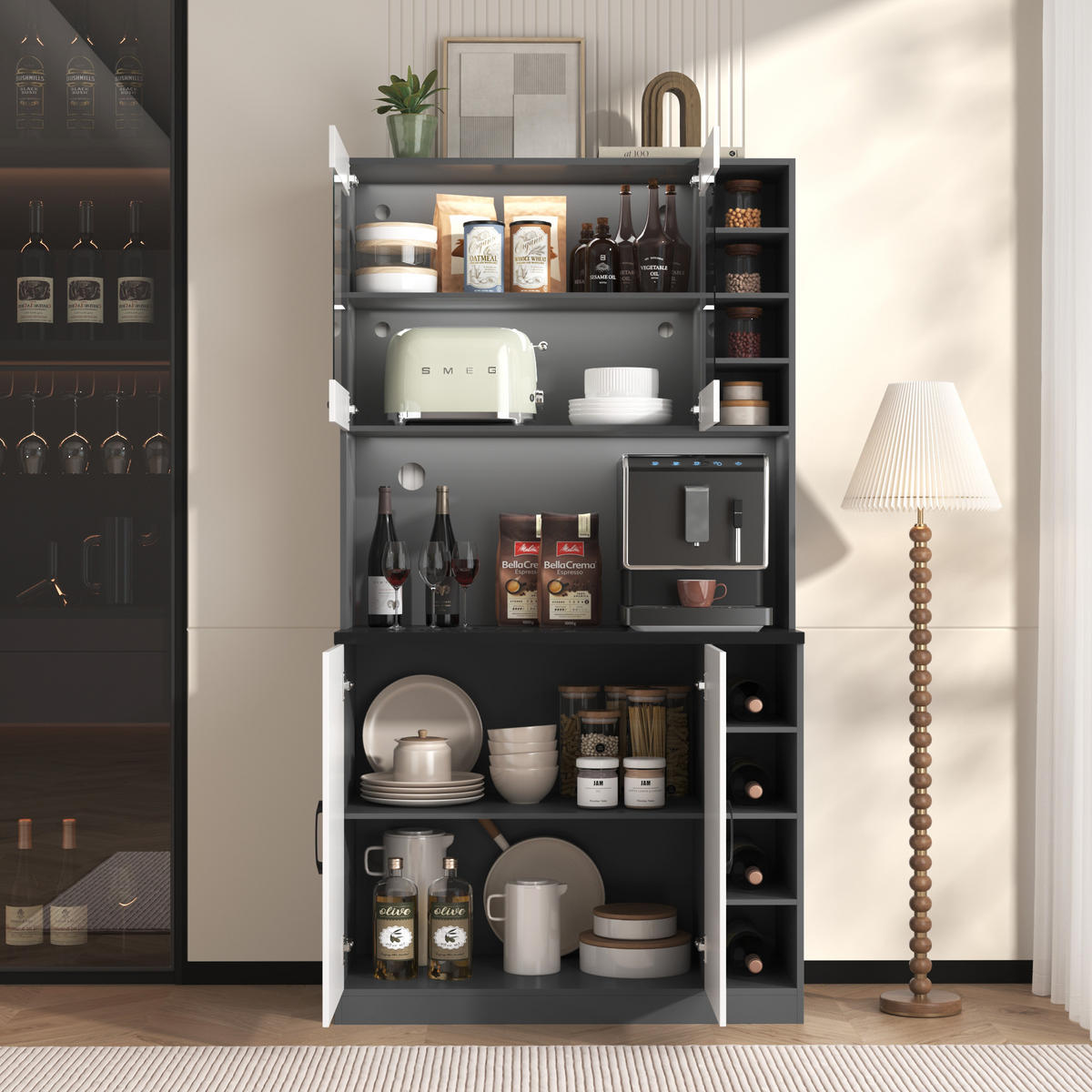 BUFFET 100/47/187 cm grau/weiß aus MDF mit LED-Beleuchtung - Weiß, Holzwerkstoff (100/187/47cm) - OKWISH