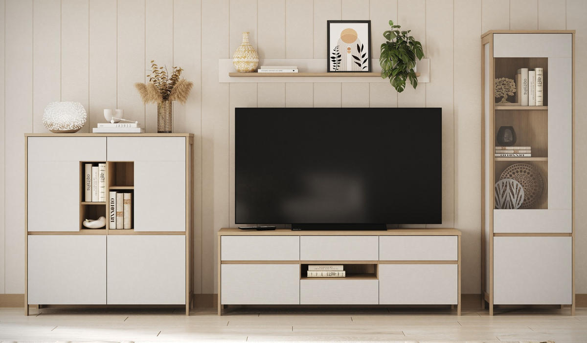 WOHNWAND weiß, Eiche 4-teilig 360 cm, Wohnkombination skandinavisch mit Soft-Close, Finnes - Eichefarben/Weiß, Holzwerkstoff/Metall (363/195/39cm) - Furn.Design