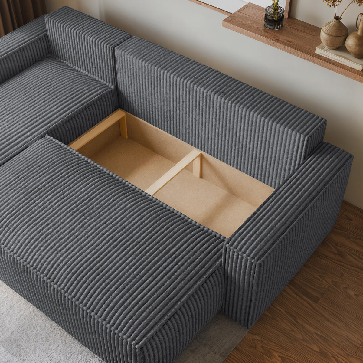 ECKSOFA RAVELO T Graphitfarben Kordstoff mit Schlaffunktion - Graphitfarben, Holz (240/140cm) - MASSENO