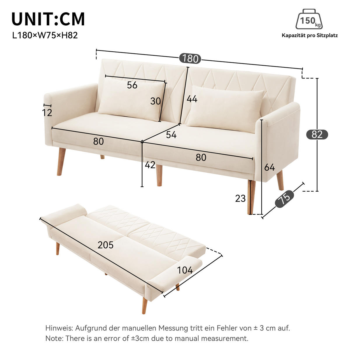 SCHLAFSOFA Samt mit verstellbarer Rückenlehne und Armlehnen Beige 180/75/82 cm - Beige, Textil (82/75/180cm) - Redom