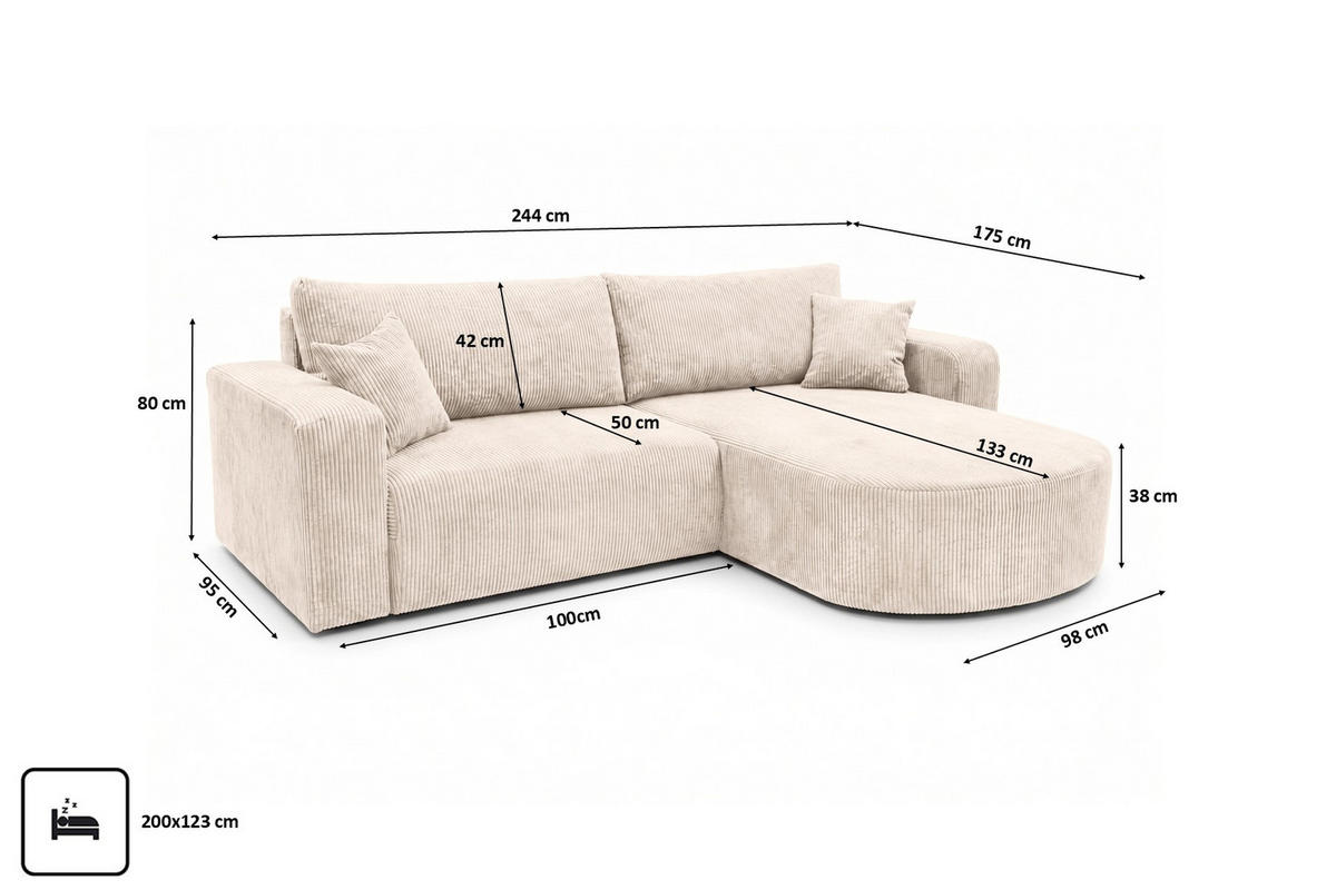 ECKSOFA Mit Schlaffunktion, Cordstoff Poso, Beige, Rechts, ROUND ONE - Creme, Holz (244/175cm) - Kaiser Möbel