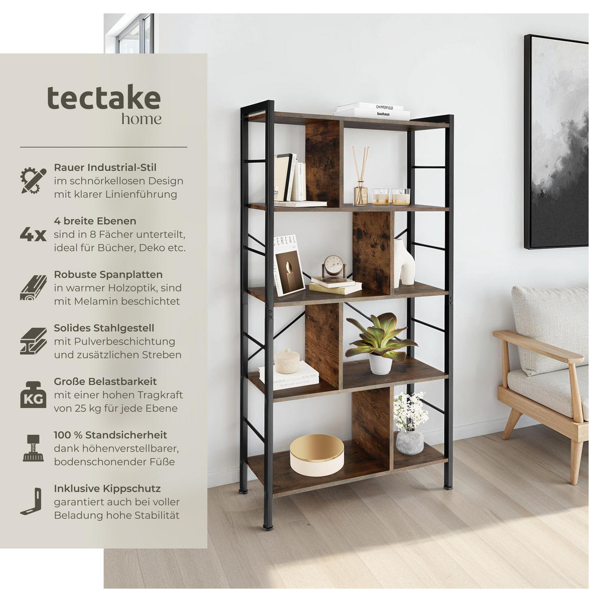 REGAL Charleston,inklusive Kippschutz, 75,5 x 30 x 155 cm,Industrial Holz dunkel, rustikal - Rostfarben, Holzwerkstoff (30/155/75.5cm) - tectake
