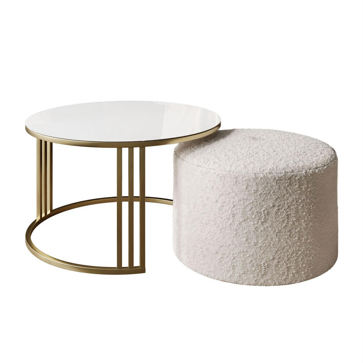 COUCHTISCH mit Hocker LORI GLASS gebürstetes Gold/weißes Glas/Coral 65 - Weiß, Metall (70/70/49cm) - Lookway