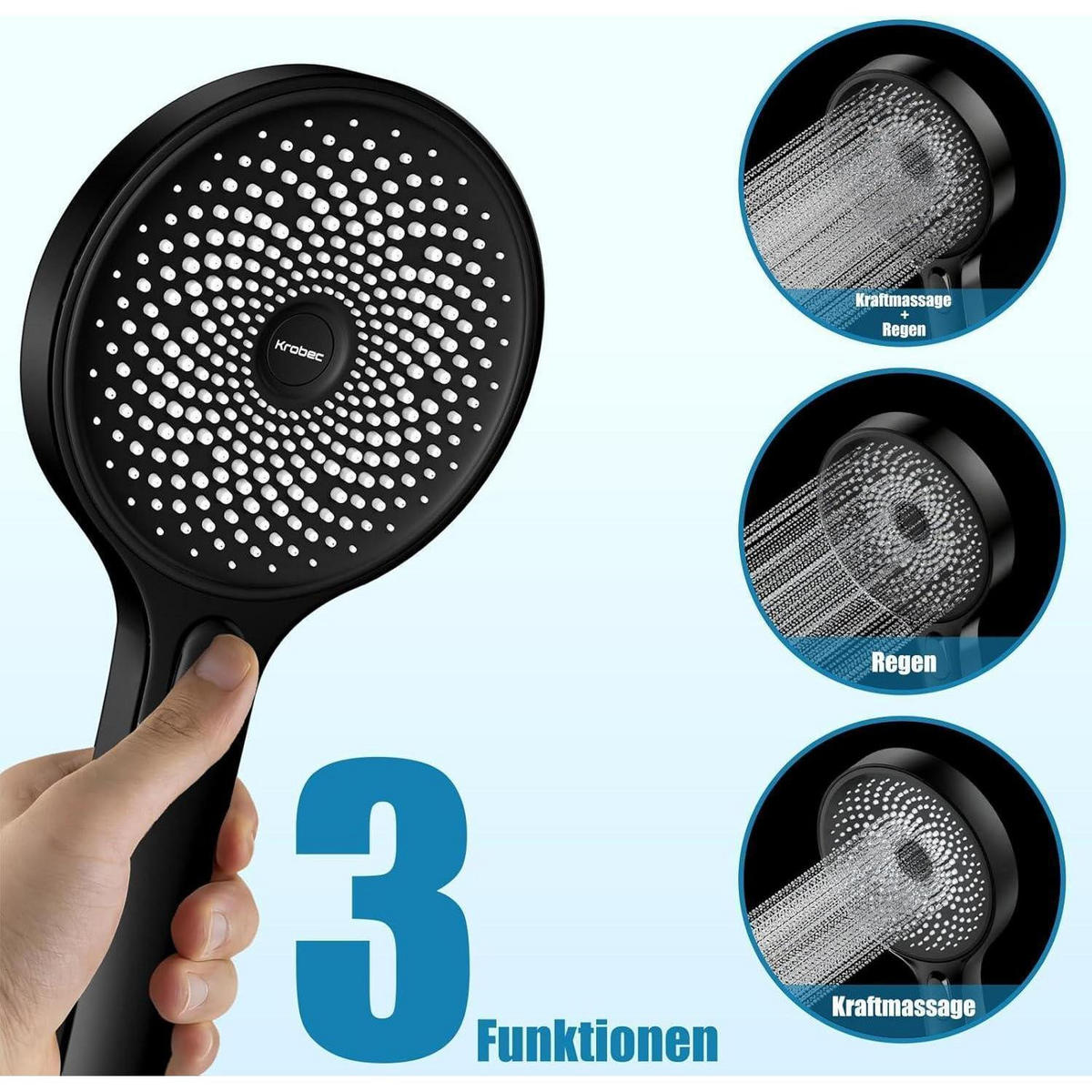 HANDBRAUSE 130 mm mit 3 Strahlarten Schwarz - Schwarz, Kunststoff (13/12.7/26cm)
