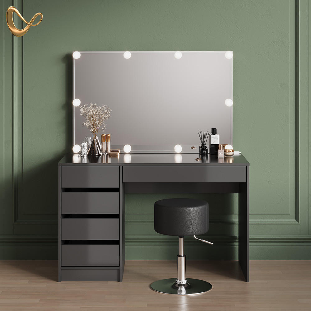 SCHMINKTISCH Imola Anthrazit mit LED Beleuchtung und Hocker - Anthrazit, Holzwerkstoff (120/75/55cm) - Livinity®