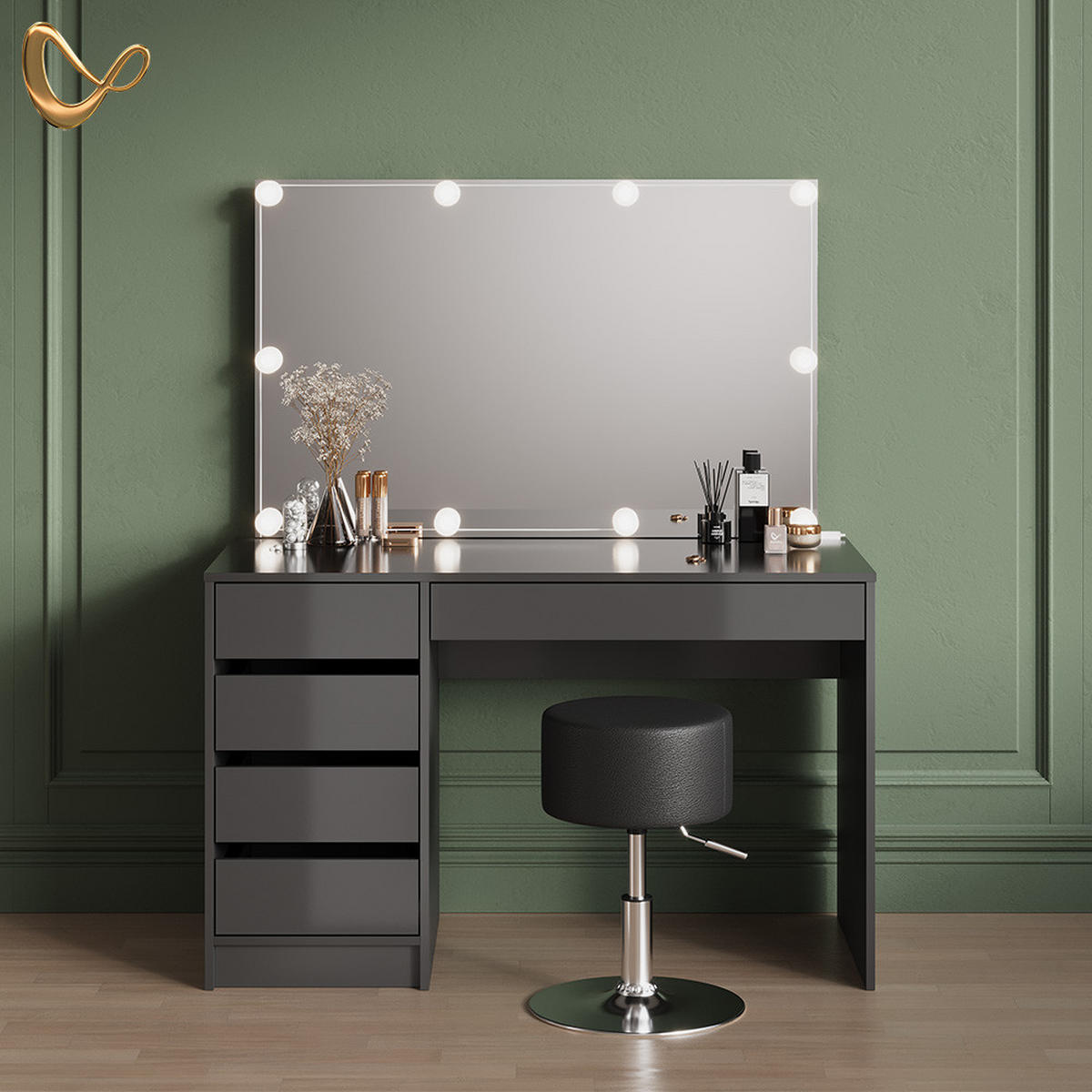 SCHMINKTISCH Imola Anthrazit mit LED Beleuchtung und Hocker - Anthrazit, Holzwerkstoff (120/75/55cm) - Livinity®