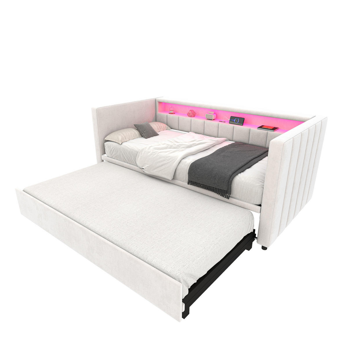 SCHLAFSOFA 90/190 cm mit Ausziehbett, LED-Beleuchtung, USB-Type-C und Samtbezug, Beige - Beige, Textil (201/73/100cm) - Redom
