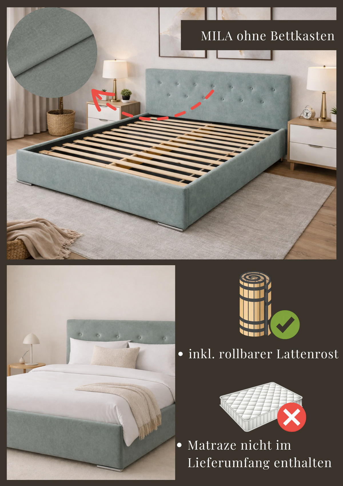 POLSTERBETT MILA 140 mit Lattenrost – Stoff Verso 72 - Hellgrün, Holzwerkstoff (140/200cm) - Kier Furniture
