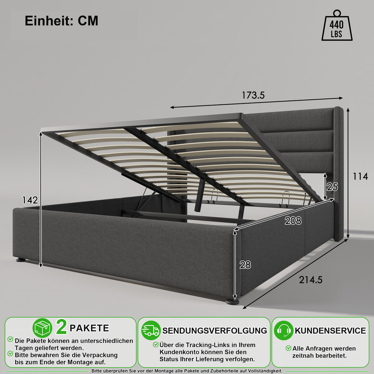 POLSTERBETT 160/200 cm in Grau Leinen mit Bettkasten - Grau, Holzwerkstoff/Textil (160/200cm) - CHICFURN