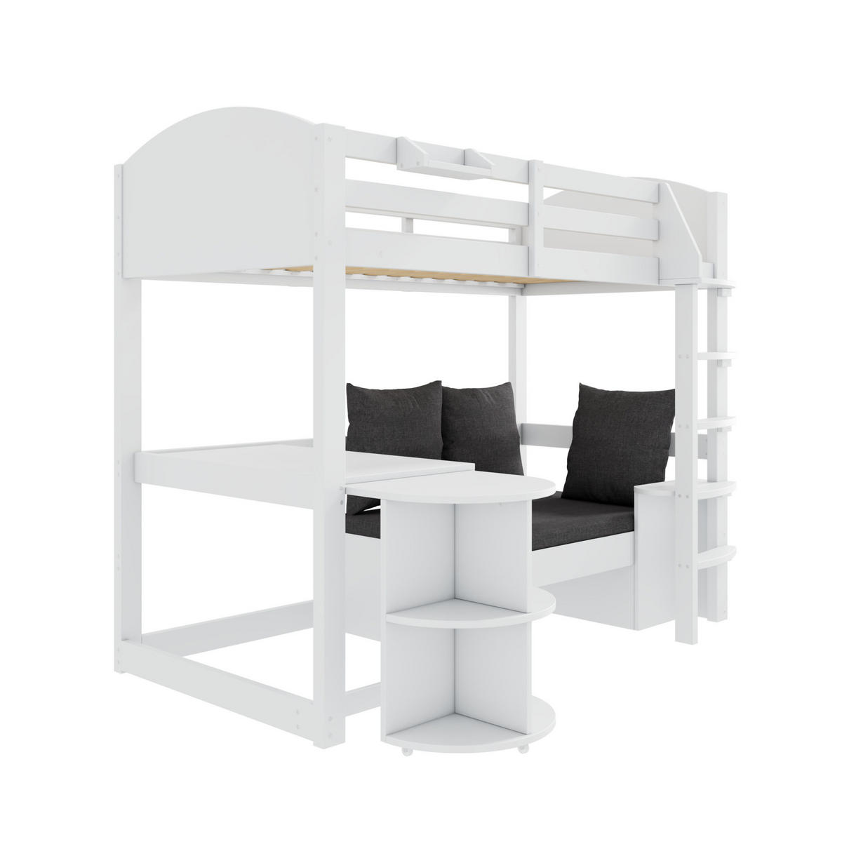 HOCHBETT 90/200 cm aus Massivholz mit Sofa und ausziehbarem Schreibtisch - Weiß, Holzwerkstoff (90/200cm) - Flora Grace