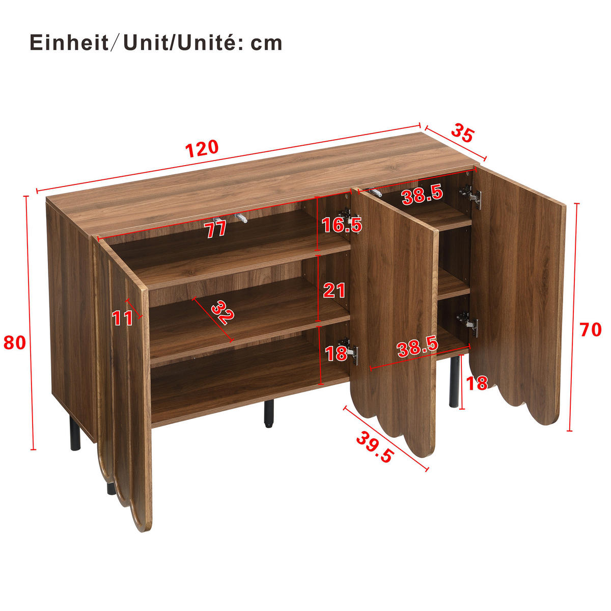 KOMODA, 120/35/80 cm, MDF v orechovej farbe, s vlnitými dvierkami a nastaviteľnými policami - prírodná farba, kompozitné drevo (35/80/120cm) - BEAOK