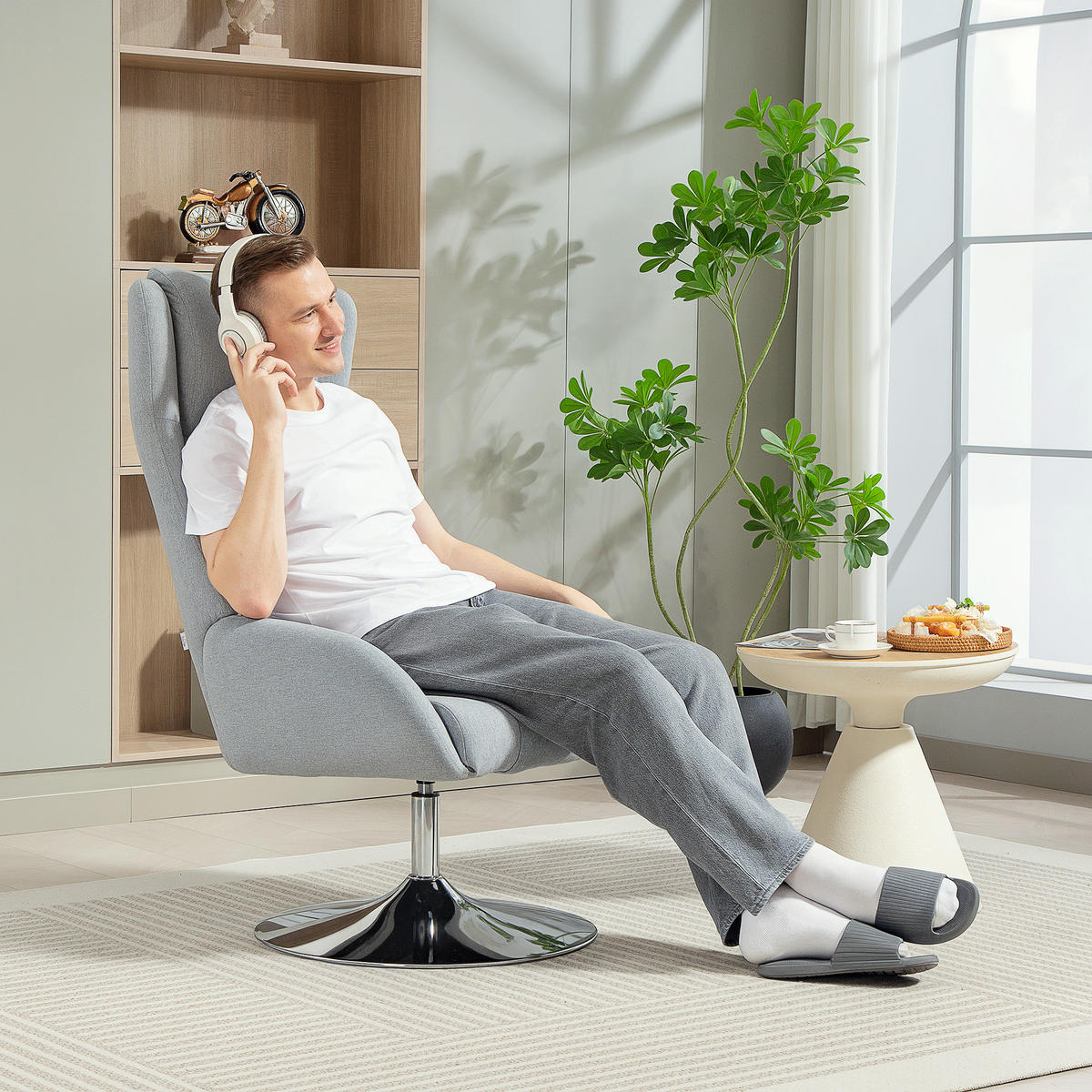 POLSTERSTUHL DE-07556 mit Fußhocker, drehbar und zurücklehnbar Grau - Grau, Metall (68/118/84cm) - ComfortXL