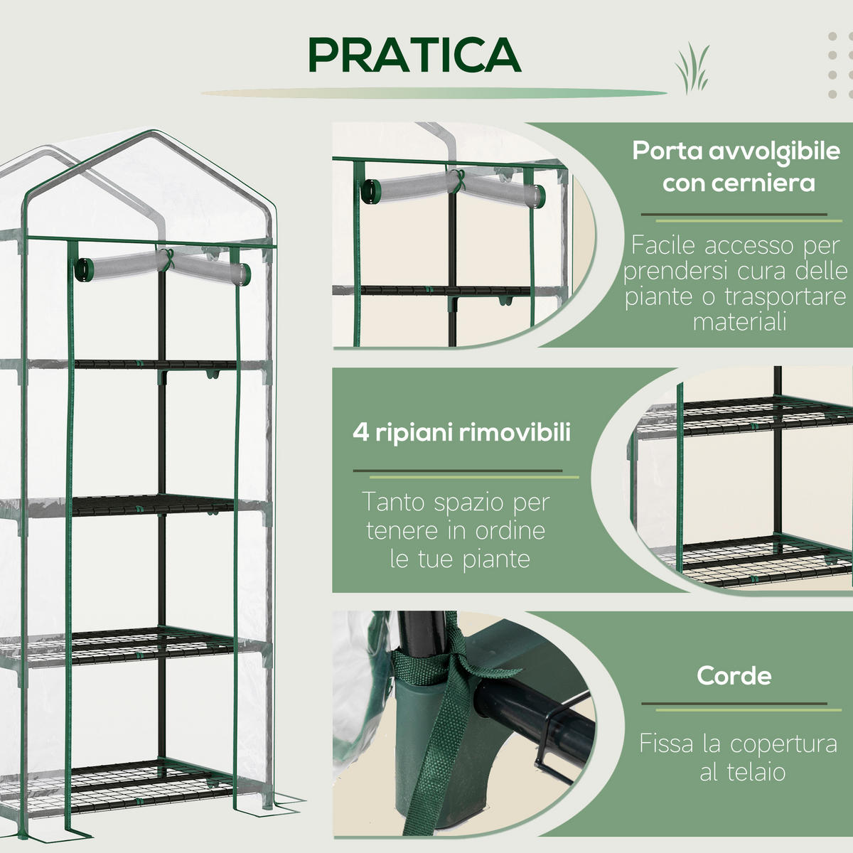 BALKONGEWÄCHSHAUS kompakt, 4-stufige PVC-Regale transparent - Grün, Metall (50/160/70cm) - Vallsero