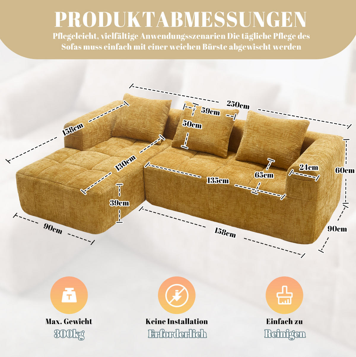 SOFA mit Chaiselongue 250 x 158 cm Chenille Yellow - Gelb, Textil (158/250cm) - Meubliv
