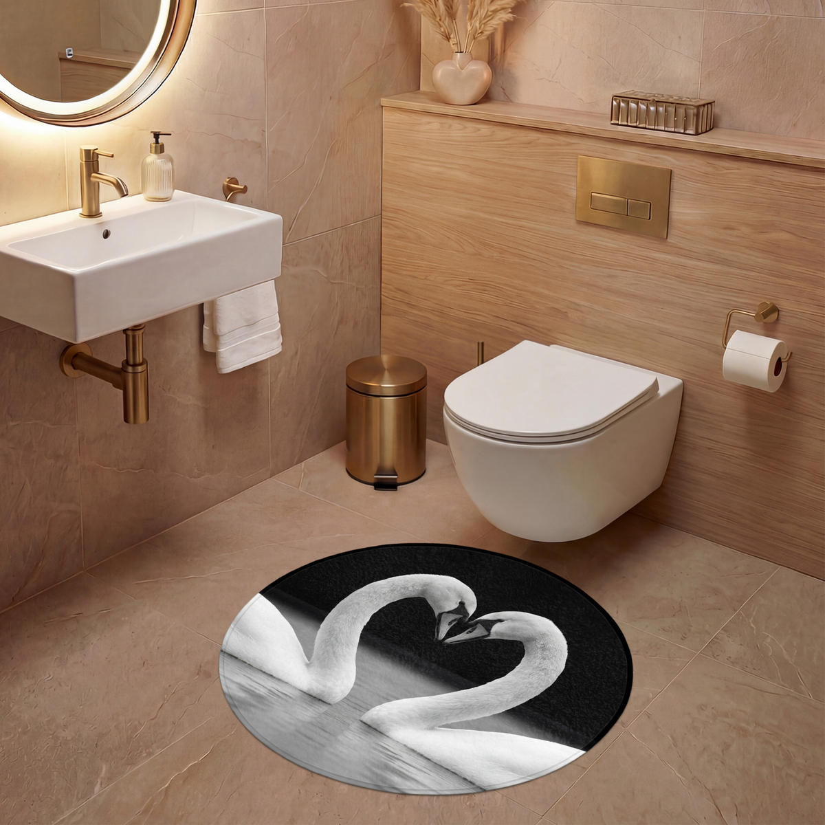 WC PŘEDLOŽKA Labutě - srdce - černá - bílá 70x70 cm - černá, textil/plast (70/1cm) - OnlyWow