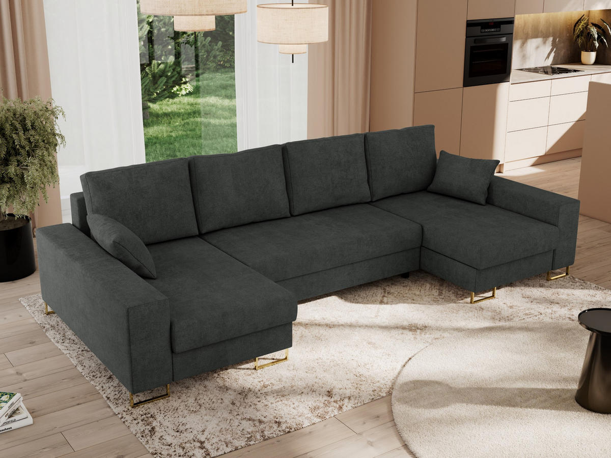 WOHNLANDSCHAFT DORIAN U Struktur Dunkelgrau - Dunkelgrau/Goldfarben, Textil/Metall (312/95/138cm) - MKS