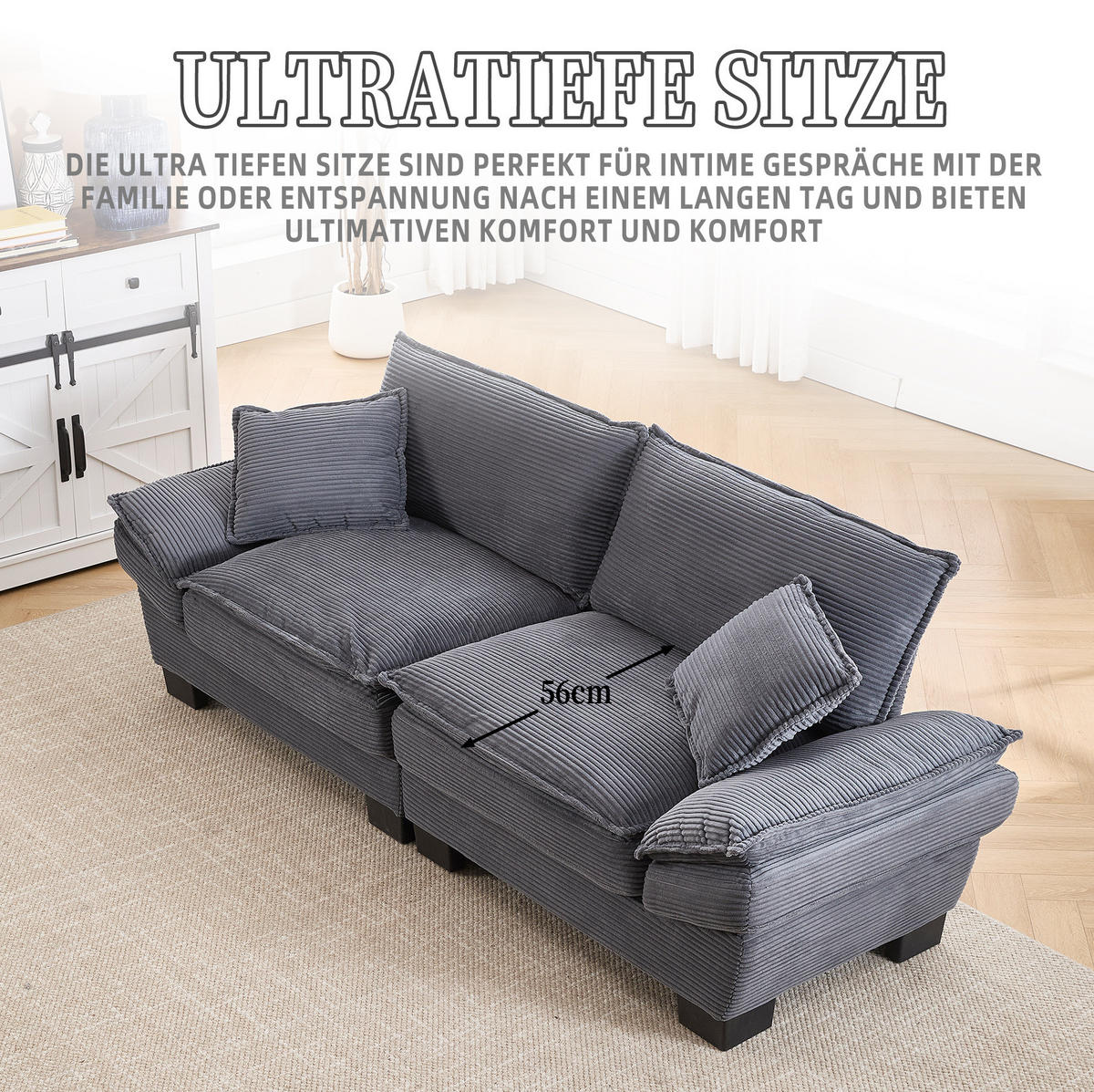 2-SITZER 224/81/81 cm dunkelgrau aus Samt mit ultratiefem Sitz - Dunkelgrau, Textil (81/81/224cm) - OKMYHOME