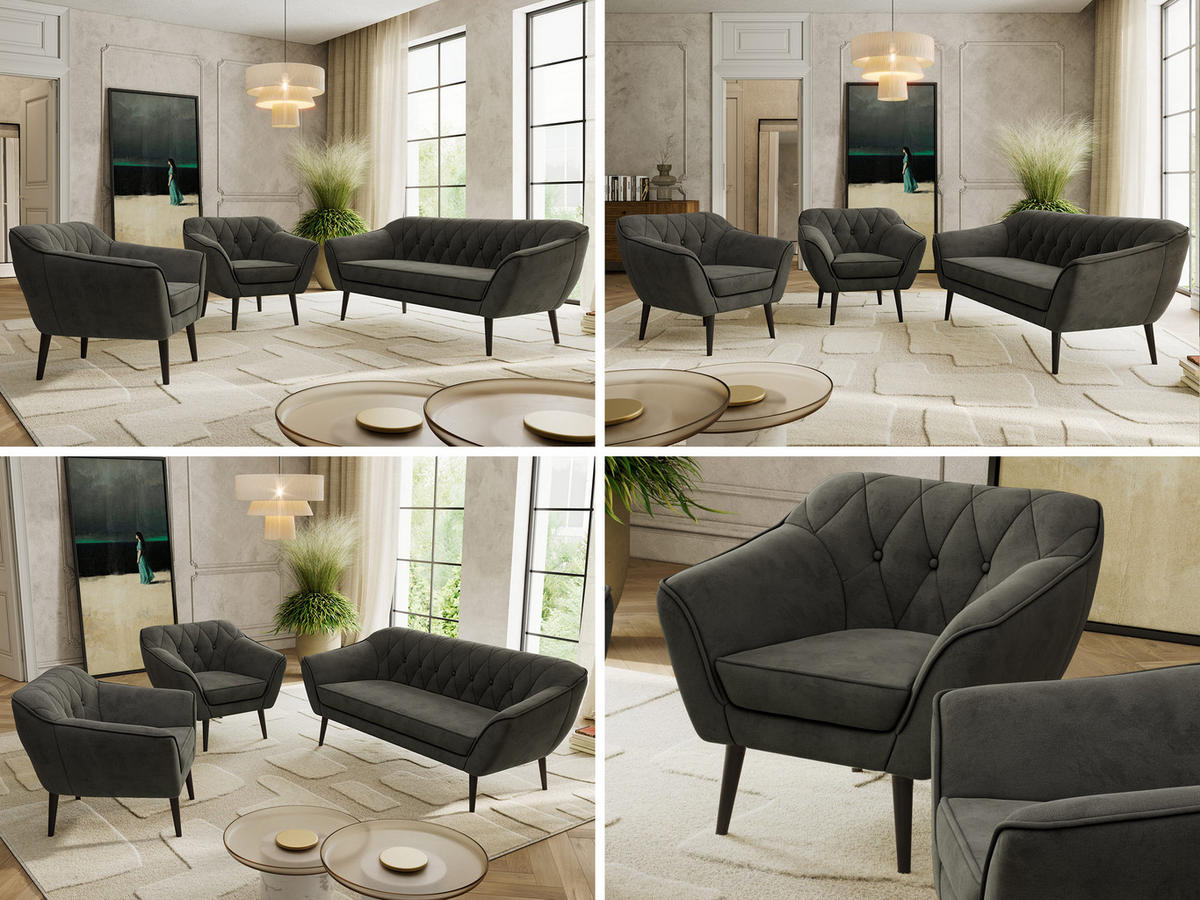 SITZGARNITUR PIRS 3+1+1 - Dunkelgrau Velvet - Schwarze Beine - Dunkelgrau/Schwarz, Holzwerkstoff/Textil (180/75/74cm) - MKS