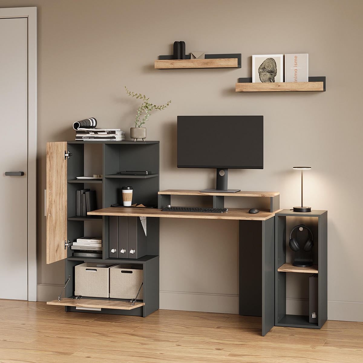 WANDREGAL Lorena Anthrazit/Goldkraft Eiche 60 x 10 cm 2er Set - Anthrazit, Holzwerkstoff (60/10/12cm) - Livinity®