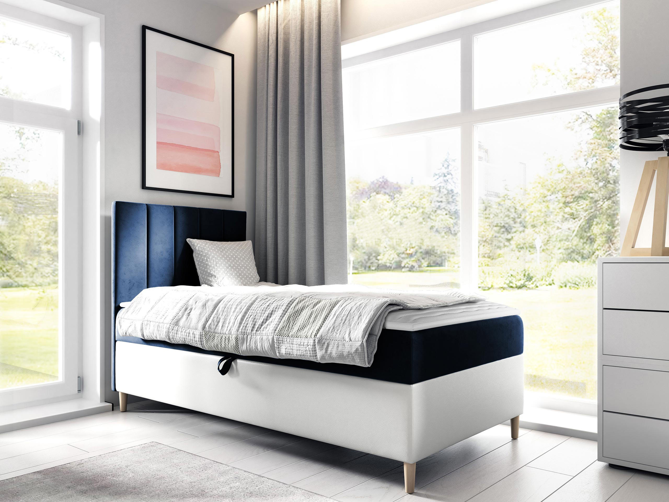 BOXBETT Maja Junior 1, Seite zum Öffnen des Bettkastens: Links - Blau/Weiß, Holz (90/200cm) - MIRJAN24