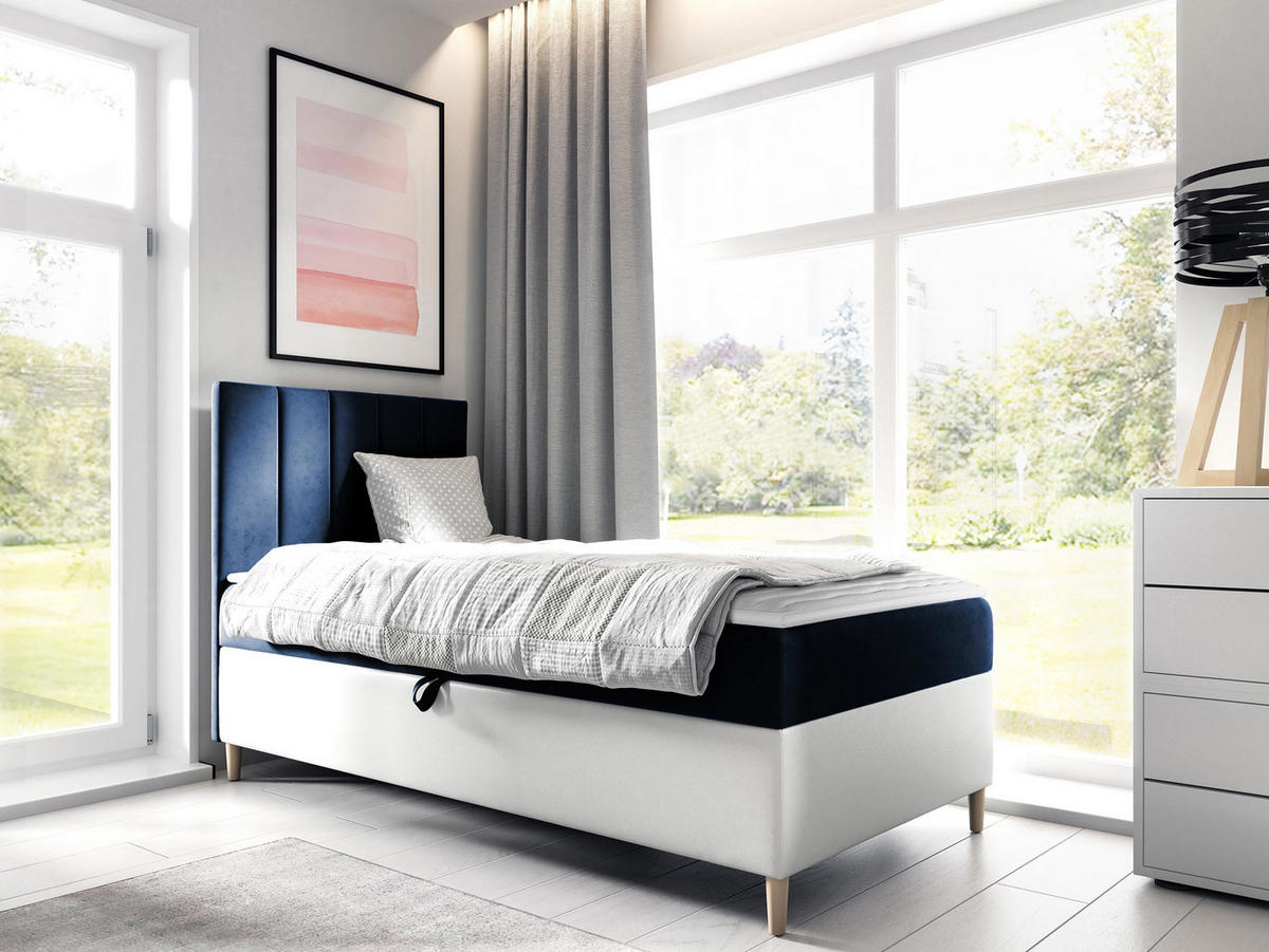 BOXBETT Maja Junior 1, Seite zum Öffnen des Bettkastens: Links - Blau/Weiß, Holz (100/200cm) - MIRJAN24