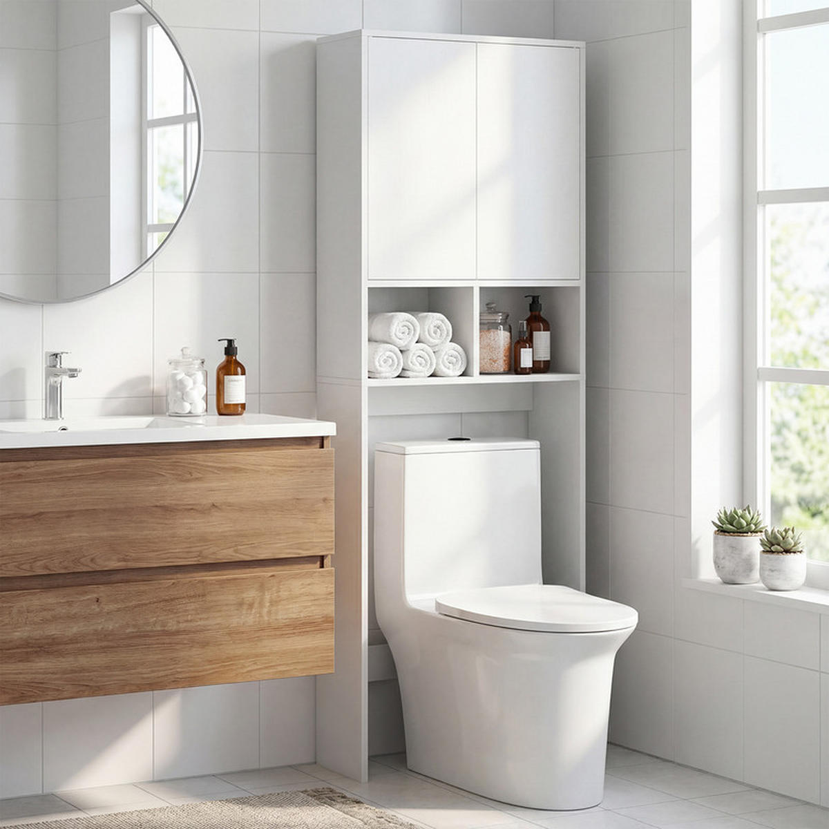 TOILETTENREGAL mit Doppeltür weiß - Weiß, Holzwerkstoff (56/166/23cm) - COSTWAY
