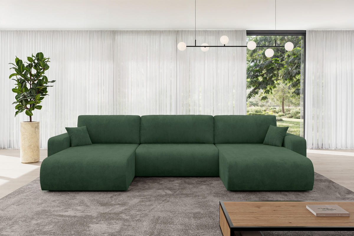 SEDACÍ SOUPRAVA DO U s funkcí spaní a úložným prostorem BERY-U 377x193x88 zelená manšestr - černá/tmavě zelená, kompozitní dřevo/textil (377/88/193cm) - ALTDECOR