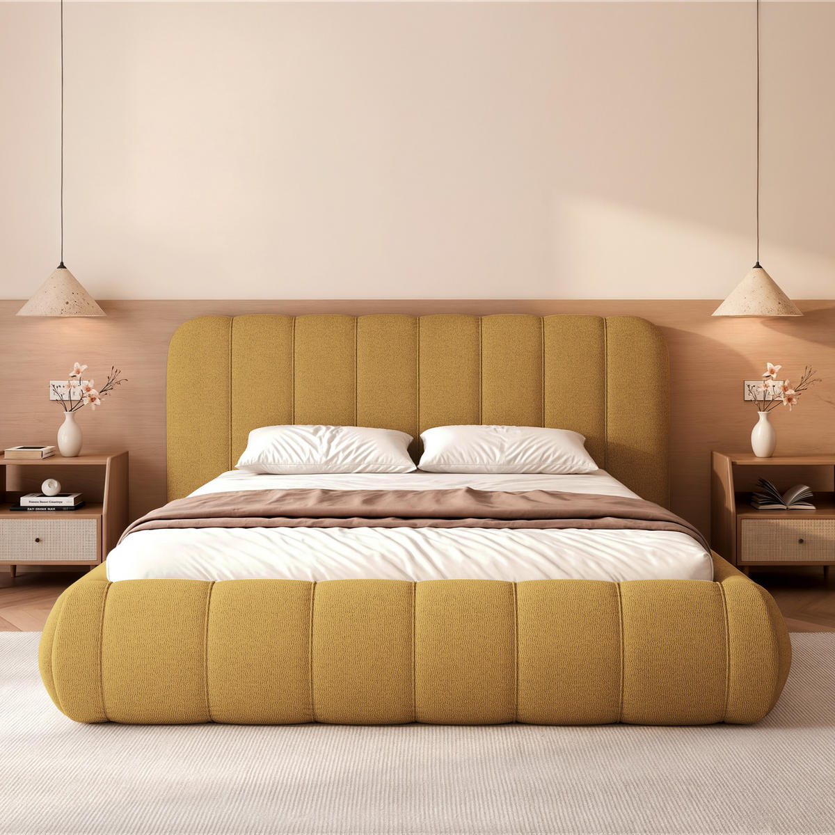 POLSTERBETT Gallo 160x200 cm Senfgelb Schlingengewebe – (Doppelbett mit Bettkasten, Lattenrost, voluminöses Kopfteil) - Currygelb, Holz/Holzwerkstoff (160/200cm) - Ravio