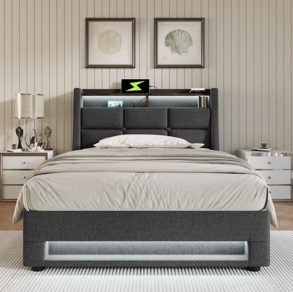 POLSTERBETT 90/200 cm Grau mit Bettkasten, LED und USB - Grau, Textil (90/200cm) - Flora Grace