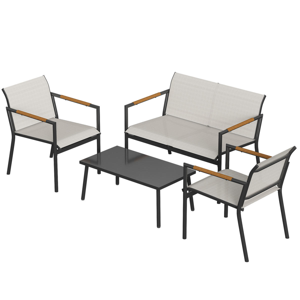 GARTENMÖBEL SET DE-06607, mit 2er Sofa, 2 Sessel, Metall-Tisch, Fußpads - Creme, Textil/Metall - ComfortXL