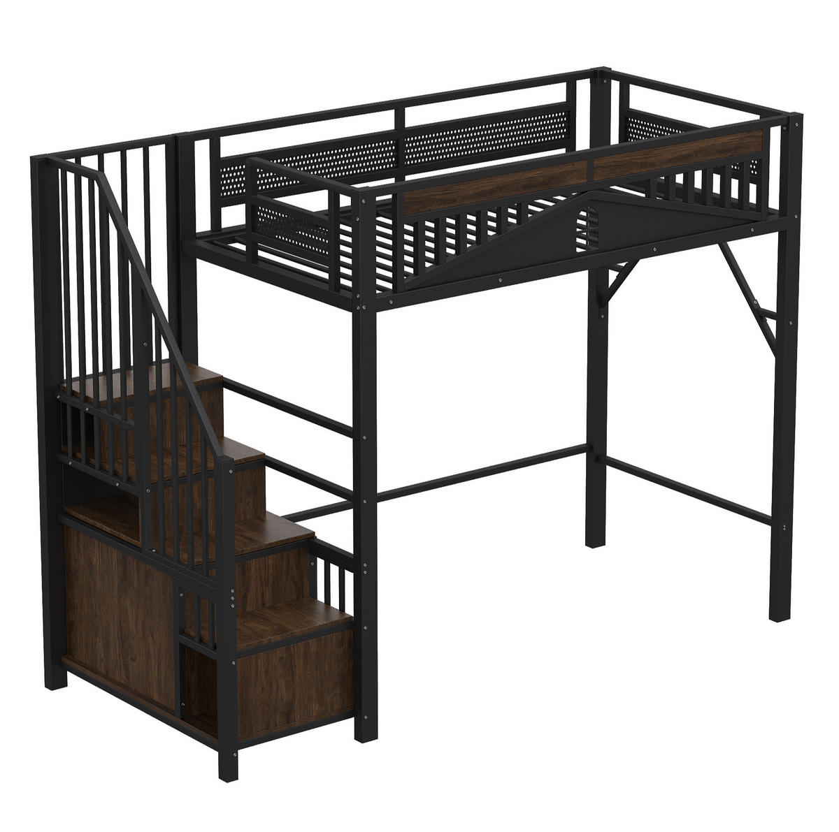 HOCHBETT aus Metall und Holz 90x200 cm Schwarz mit Stauraumtreppe, Schrank und Sicherheitszaun mit Fenster - Schwarz, Metall (90/200cm) - Modfu