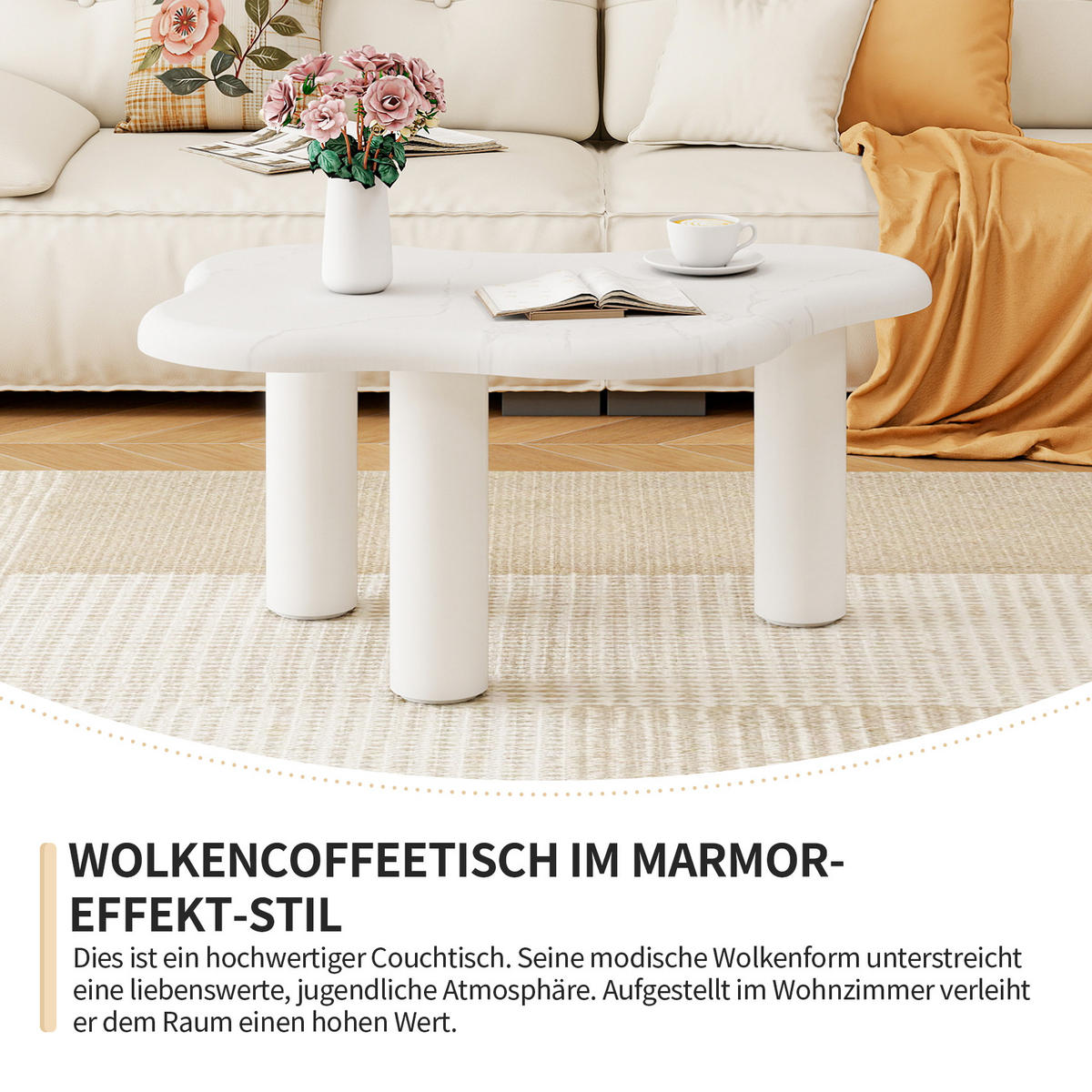 COUCHTISCH 90/62/40 cm weiß aus Holzwerkstoff in Marmoroptik mit wolkenförmiger Tischplatte - Weiß, Holzwerkstoff (90.8/62.5/40cm) - OKWISH