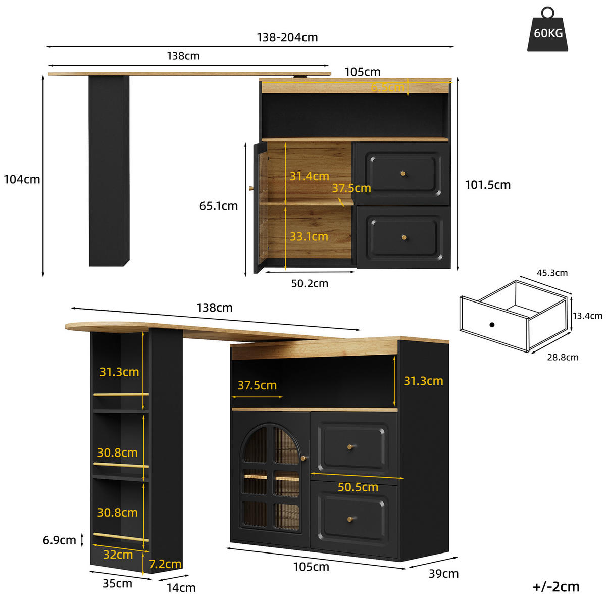 STEHTISCH drehbar ausziehbar 138-204 cm MDF Schwarz - Schwarz, Holz (39/104/138cm) - Beauniv