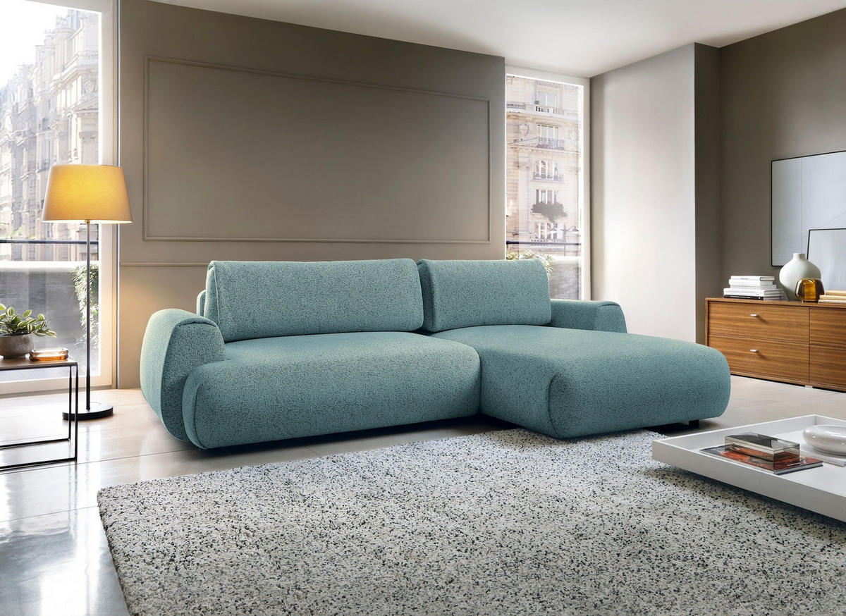 ECKSOFA ZEST Blau Geflochtener Stoff mit Schlaffunktion - Blau, Holz (270/167cm) - MASSENO