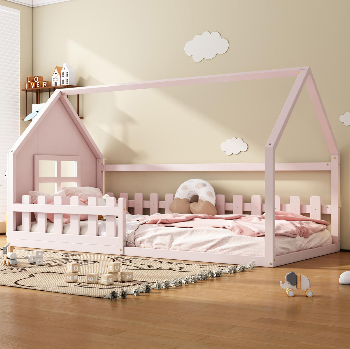 KINDERBETT 90/200 cm in Hausform aus Kiefer und MDF, Rosa - Rosa, Holzwerkstoff (90/200cm) - Redom