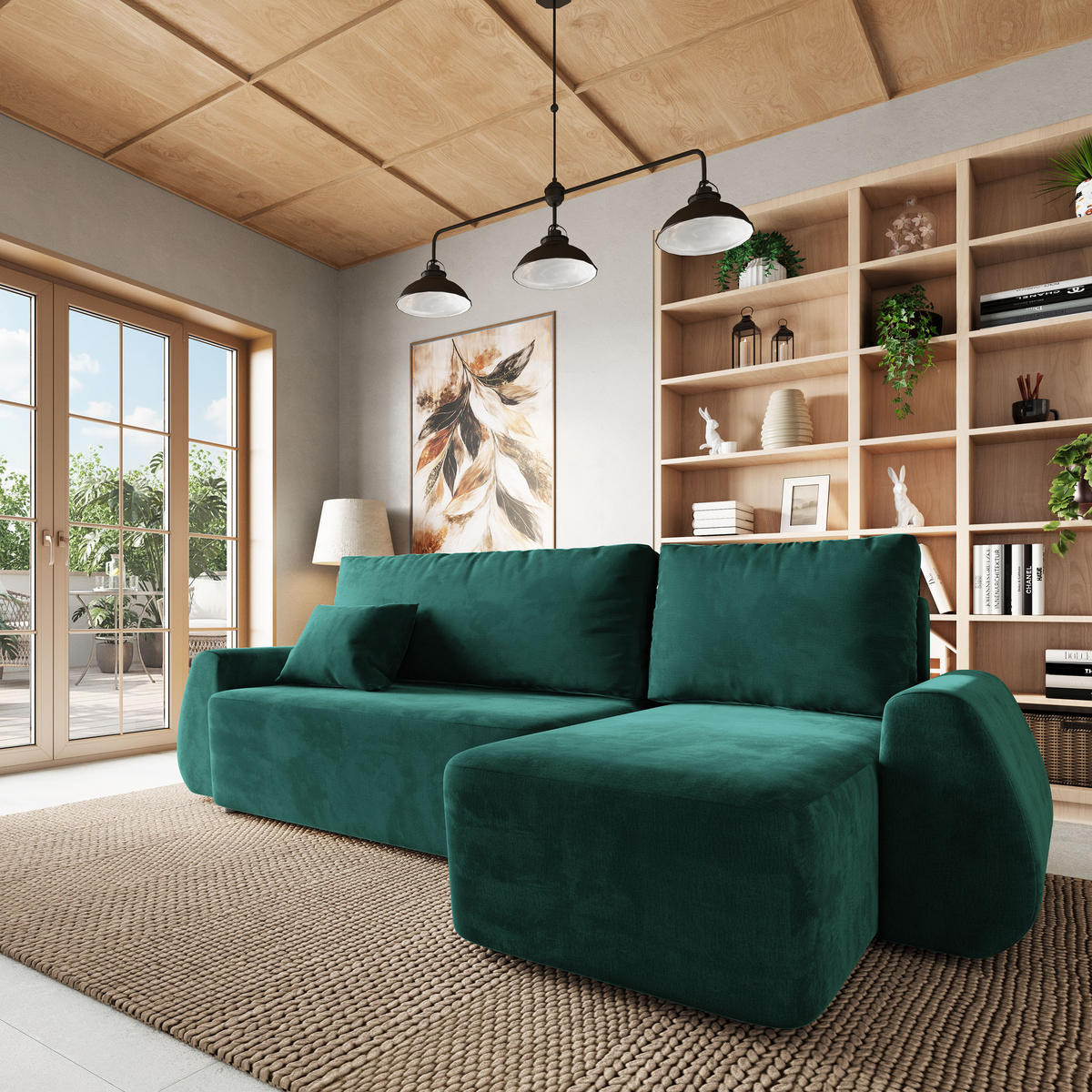 ECKSOFA GALVIS Grün Velours-Stoff mit Schlaffunktion - Grün, Holz (256/156cm) - MASSENO