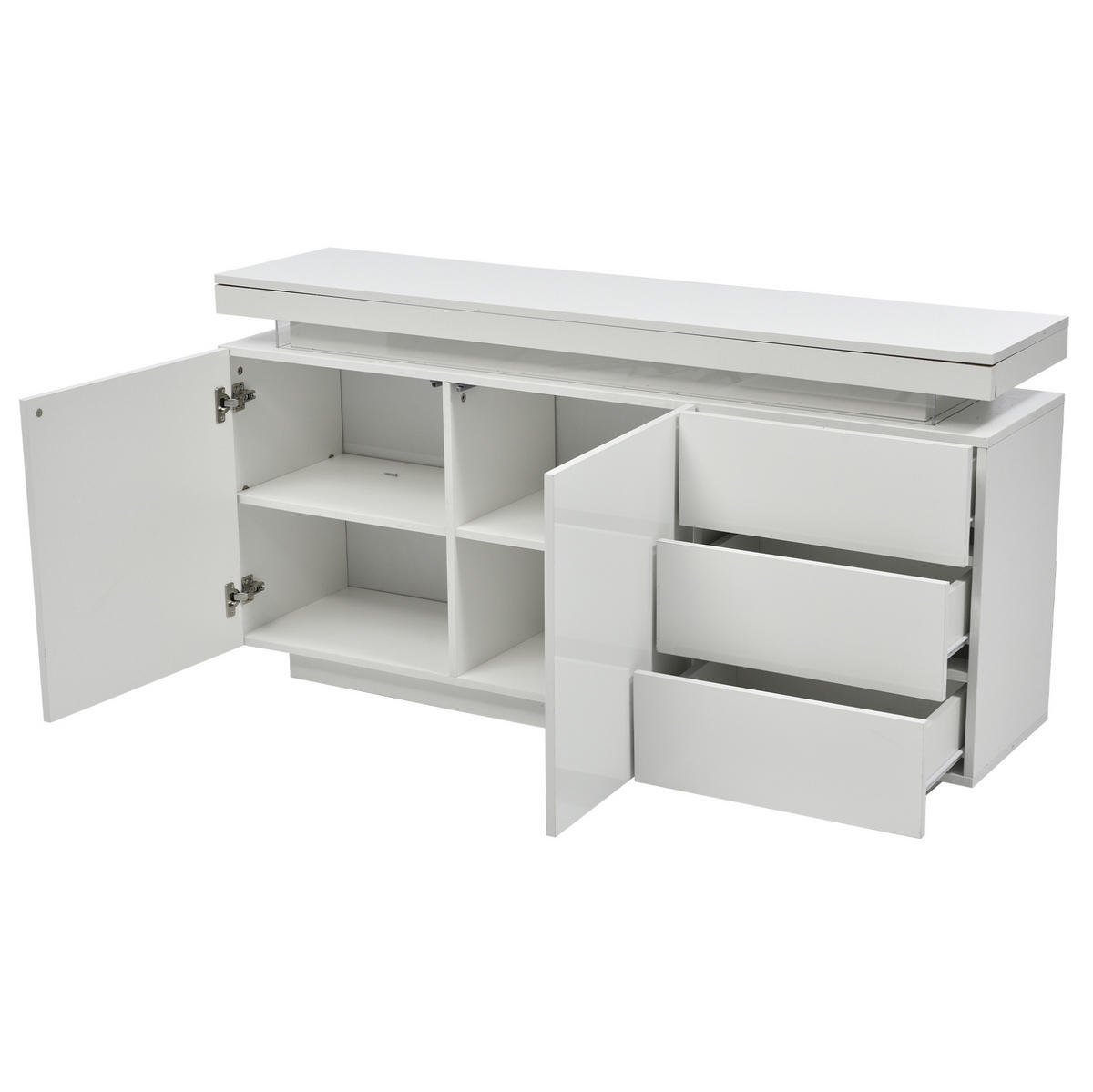 SIDEBOARD 140/35/72,5 cm in Weiß mit LED-Beleuchtung und 3 Schubladen - Weiß, Holzwerkstoff (140/72.5/35cm) - Flora Grace