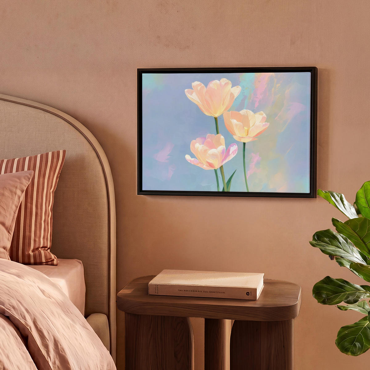 LEINWAND Bilder mit Rahmen - Tulpen - Rosa Akzente - Blau - 40x30 - Pastellblau, Textil (40/30cm) - MuchoWow