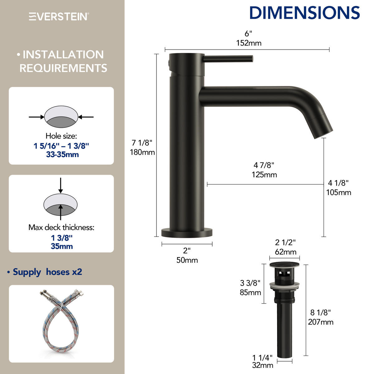 WASCHTISCHARMATUR SFS-5001 Schwarz Matt, mit Pop-up, Einhebel, Messing, Perlator, 105 mm Auslaufhöhe, 125 mm Ausladung - Schwarz, Metall (5/18/15.2cm) - Everstein