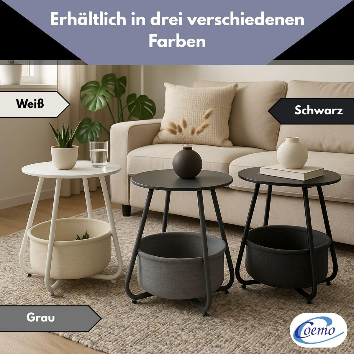 COUCHTISCH KOSI Metall mit Aufbewahrungskorb Canvas Grau - Grau, Metall (50/50/45cm) - Coemo