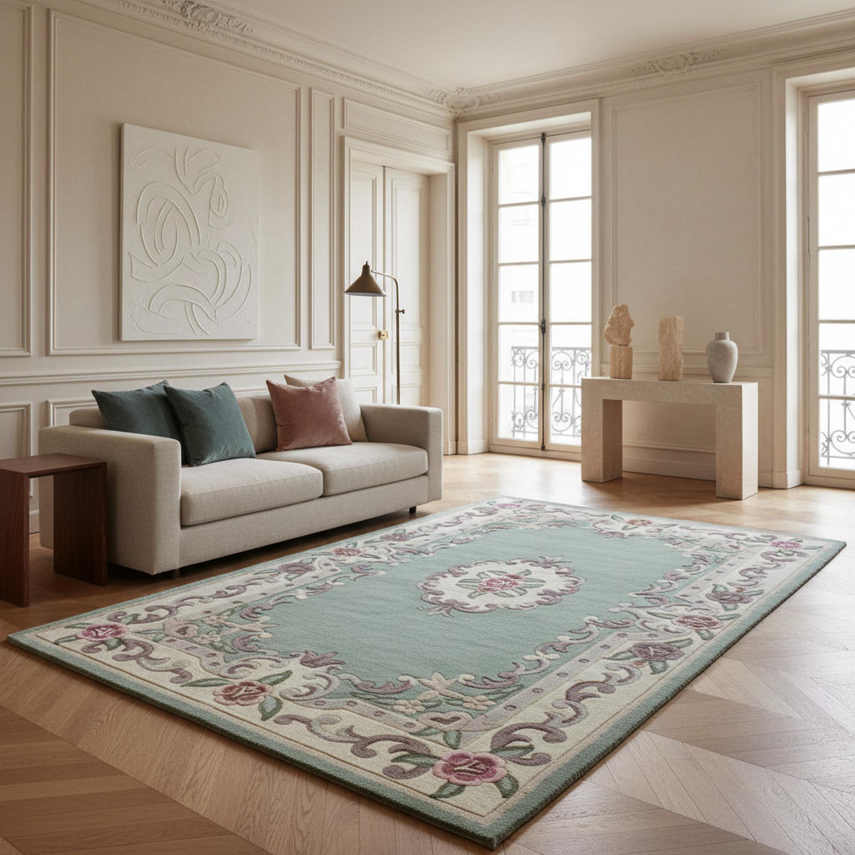 WOLLTEPPICH Aubusson-Muster handgeknüpft BEAULY, Grün-Beige 120x180 cm - Grün, Textil (120/180cm) - KADIMA DESIGN