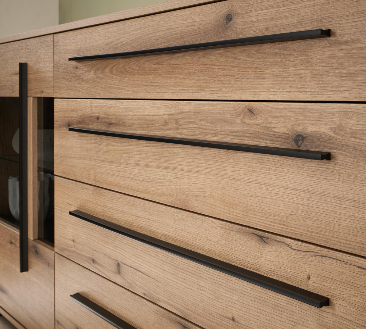 SIDEBOARD Eiche Evoke, Kommode 200 cm mit Soft-Close - Eichefarben/Schwarz, Glas/Holzwerkstoff (200/86/42cm) - Furn.Design