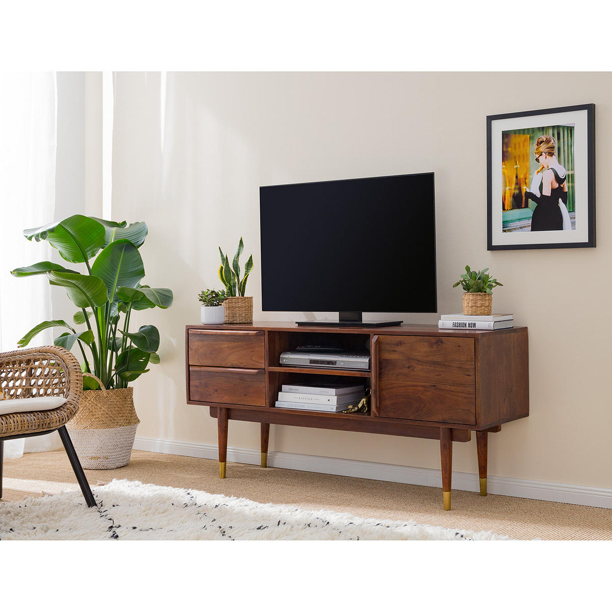 TV-LOWBOARD - Akazie massiv / Metall - Akaziefarben, Holz (140/65/43cm) - home24