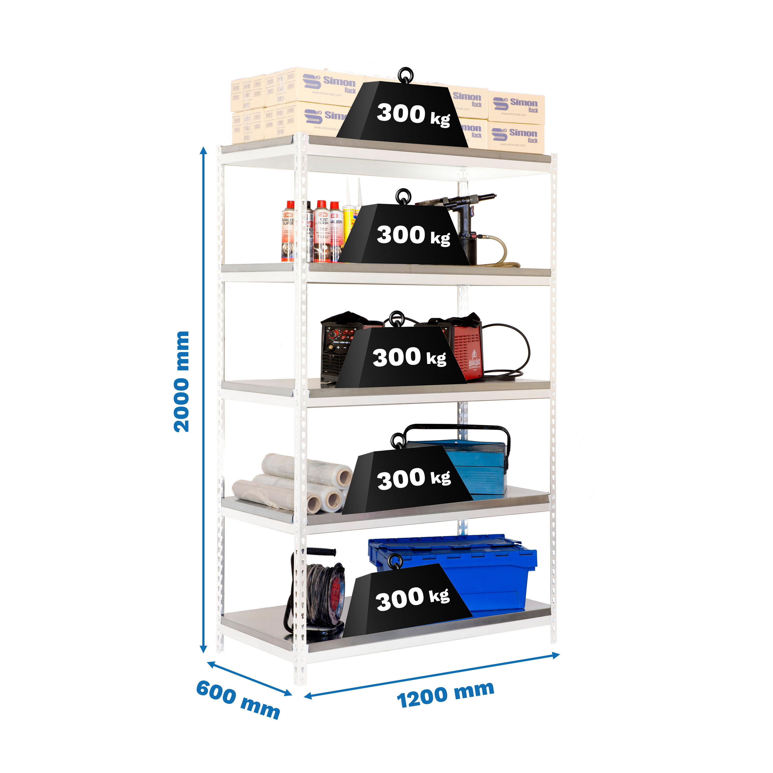 SCHWERLASTREGAL Metal Yeti Light Five HxBxT 200 x 120 x 60 cm Fachlast 300 kg Weiß - Weiß, Metall (120/200/60cm) - PROREGAL