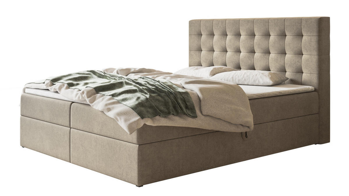BOXBETT RIO mit 2 Bettkästen, 120x200, Farbe: Sand, Velourstoff, Doppelbett mit Bonell-Matratze - Sahara, Holz/Kunststoff (120/200cm) - Alpi-Möbel