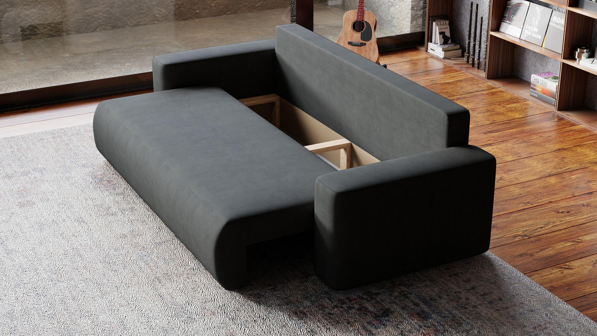 SOFA Bubi mit Bettkasten und Schlaffunktion, Velourstoff - Graphitfarben, Holzwerkstoff (242/85/95cm)