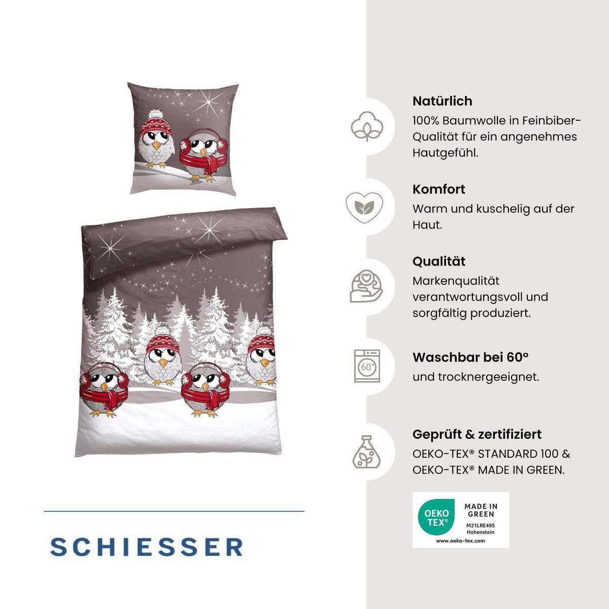 BETTWÄSCHESET Olsona - Feinbiber - 2-teilig - 135x200 cm - Grau - Grau, Textil (135/200cm) - SCHIESSER